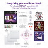 Collection of product packaging with promotional text about premium cardstock and reflective diamonds.