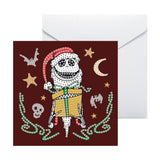 Greeting card with a skeleton wearing a Santa hat on a brown background
