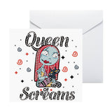Greeting card with a cartoon character and 'Queen of Screams' text on a white background.