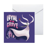Greeting card with a rhinestone-studded snake design and text 'Loyal to the Grave' on a purple background.