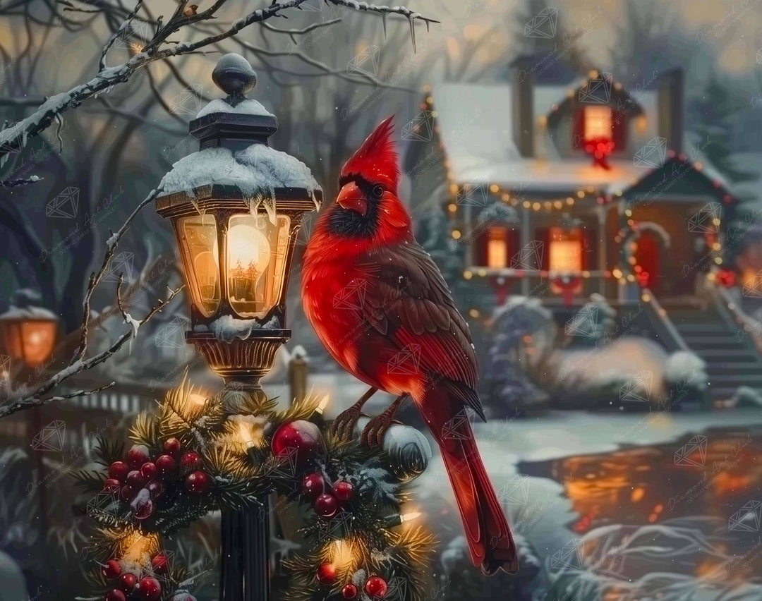 Red cardinal bird perched on a snow-covered streetlight with a festive village background.