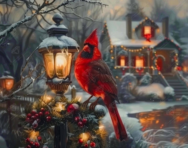 Red cardinal bird perched on a snow-covered streetlight with a festive village background.