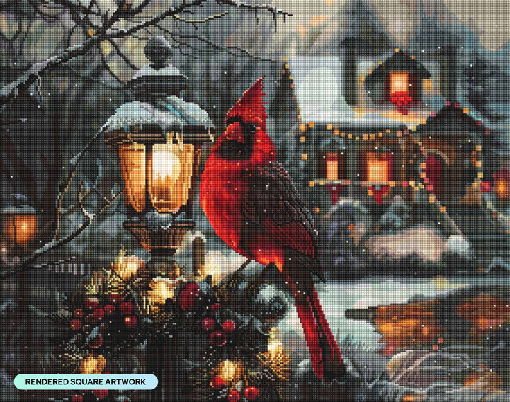 Cardinal bird perched on a lamp post in a snowy landscape with houses in the background.