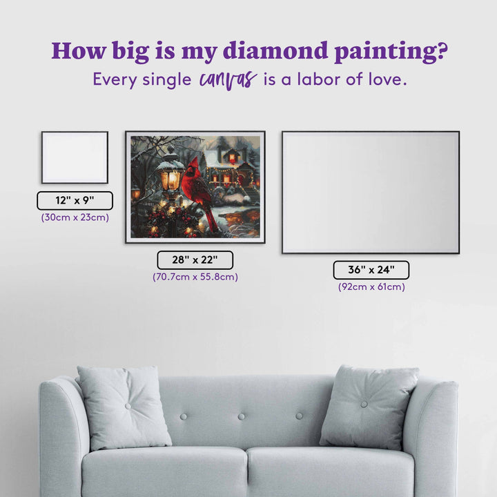 Diamond painting size chart with a red cardinal design on a gray couch background