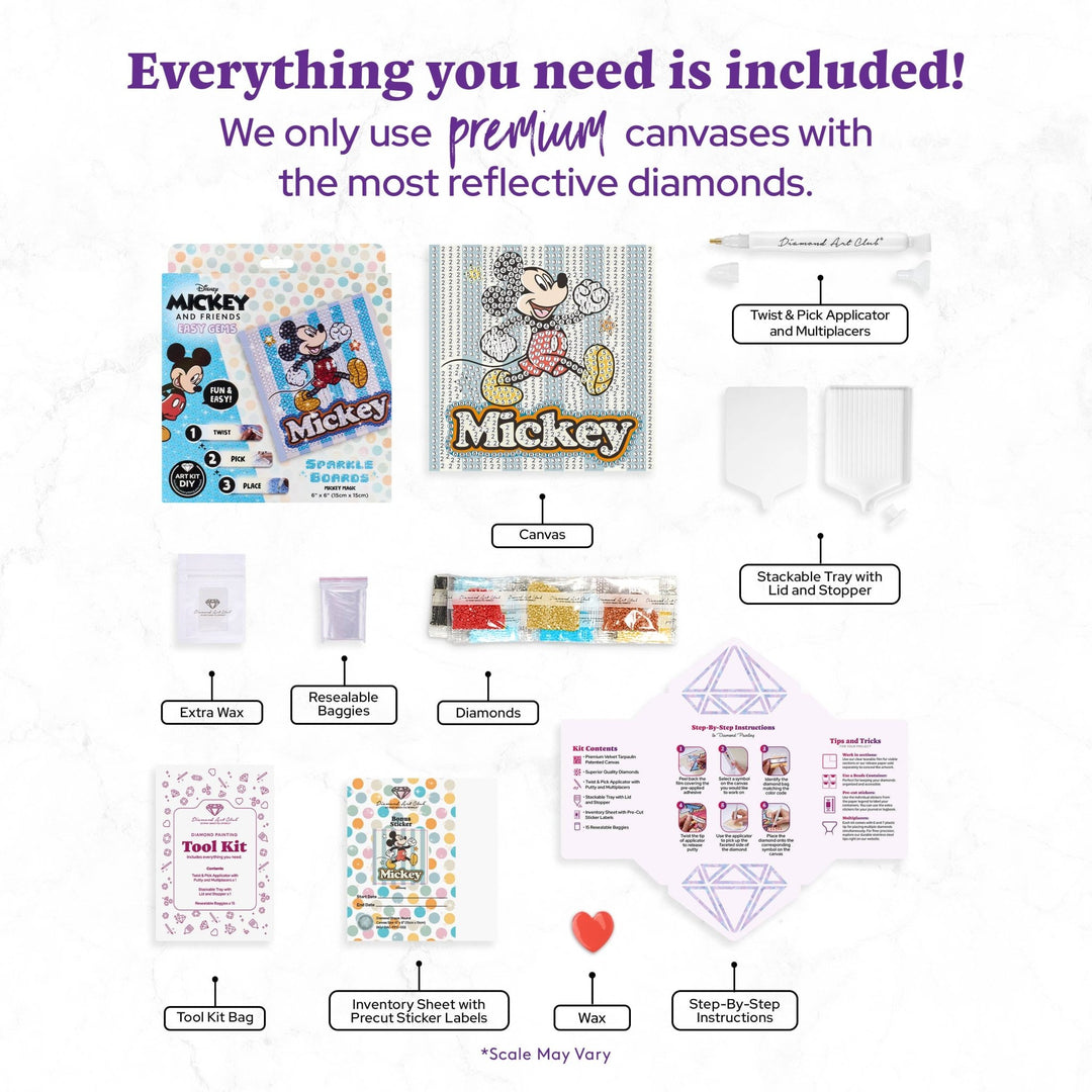 Diamond Art Club - Easy Gem™ Sparkle Boards – Mickey™ Magic: Round with 8 Colors including 8 Iridescent Diamonds / 804 / 6" x 6" (15cm x 15cm) - Pisgah Needleworks