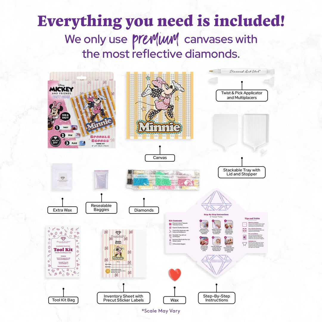 Diamond Art Club - Easy Gem™ Sparkle Boards – Minnie™ Joy: Round with 6 Colors including 6 Iridescent Diamonds / 863 / 6" x 6" (15cm x 15cm) - Pisgah Needleworks