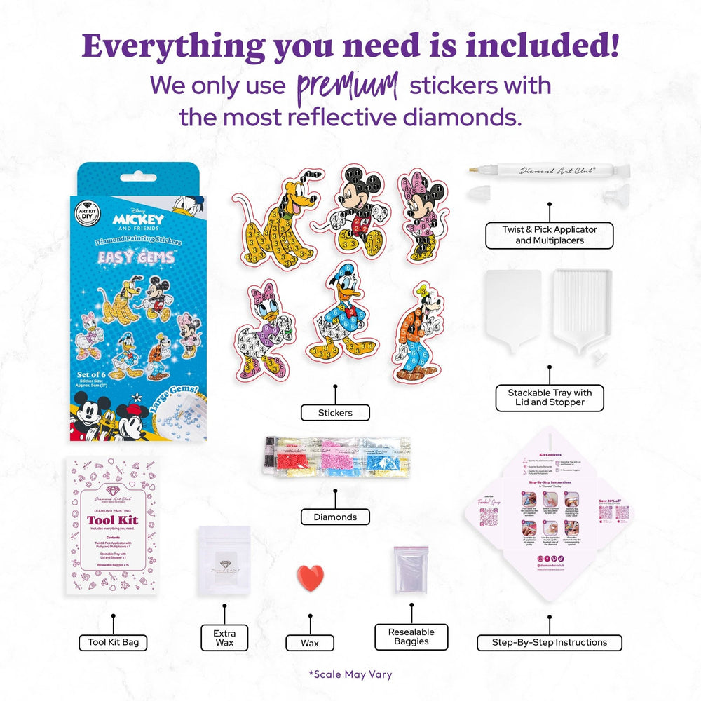 Diamond Art Club - Easy Gems™ Stickers - Mickey and Friends™ (Set of 6): Round with 9 Colors including 9 Iridescent Diamonds / 206 / Approx. 2" (5cm) - Pisgah Needleworks