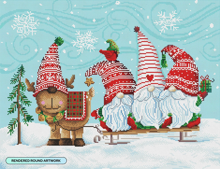 Diamond Art Club – Elf Gnome Trio with Reindeer Diamond Painting (Round Drill, 26" x 20") - Pisgah Needleworks