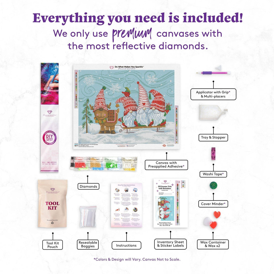 Diamond Art Club – Elf Gnome Trio with Reindeer Diamond Painting (Round Drill, 26" x 20") - Pisgah Needleworks