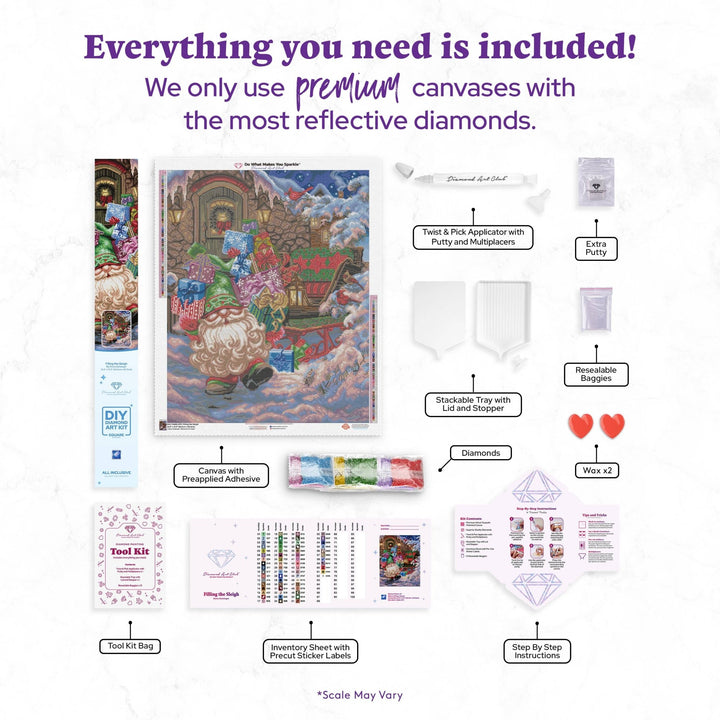 Diamond Art Club – Filling the Sleigh Christmas Elf Diamond Painting (Square Drill, 25.6" x 31.9") - Pisgah Needleworks