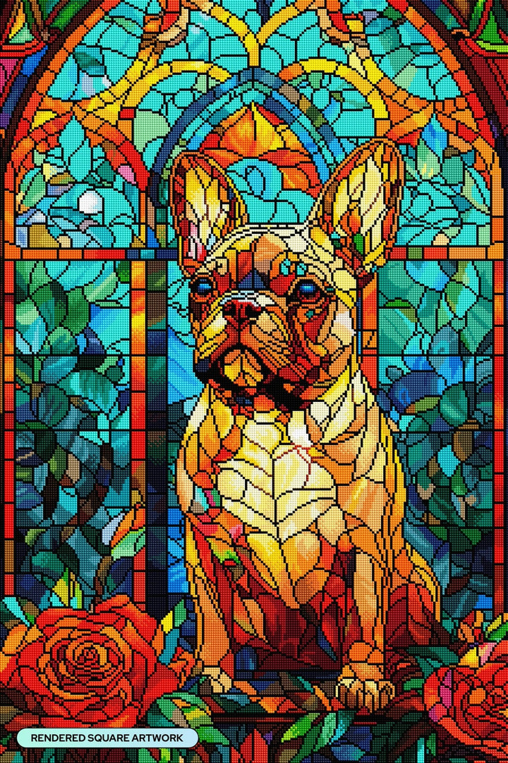 Diamond Art Club - French Bulldog Stained Glass: Square with 93 Colors including 3 ABs and 2 Iridescent Diamonds and 3 Fairy Dust Diamonds / 75,264 / 22" x 33" (55.8cm x 83.6cm) - Pisgah Needleworks