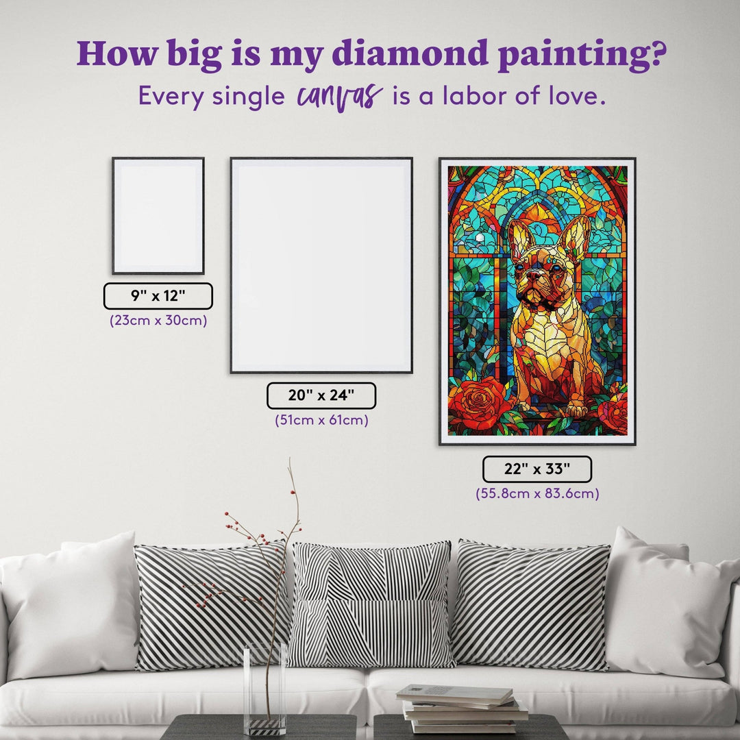 Diamond Art Club - French Bulldog Stained Glass: Square with 93 Colors including 3 ABs and 2 Iridescent Diamonds and 3 Fairy Dust Diamonds / 75,264 / 22" x 33" (55.8cm x 83.6cm) - Pisgah Needleworks