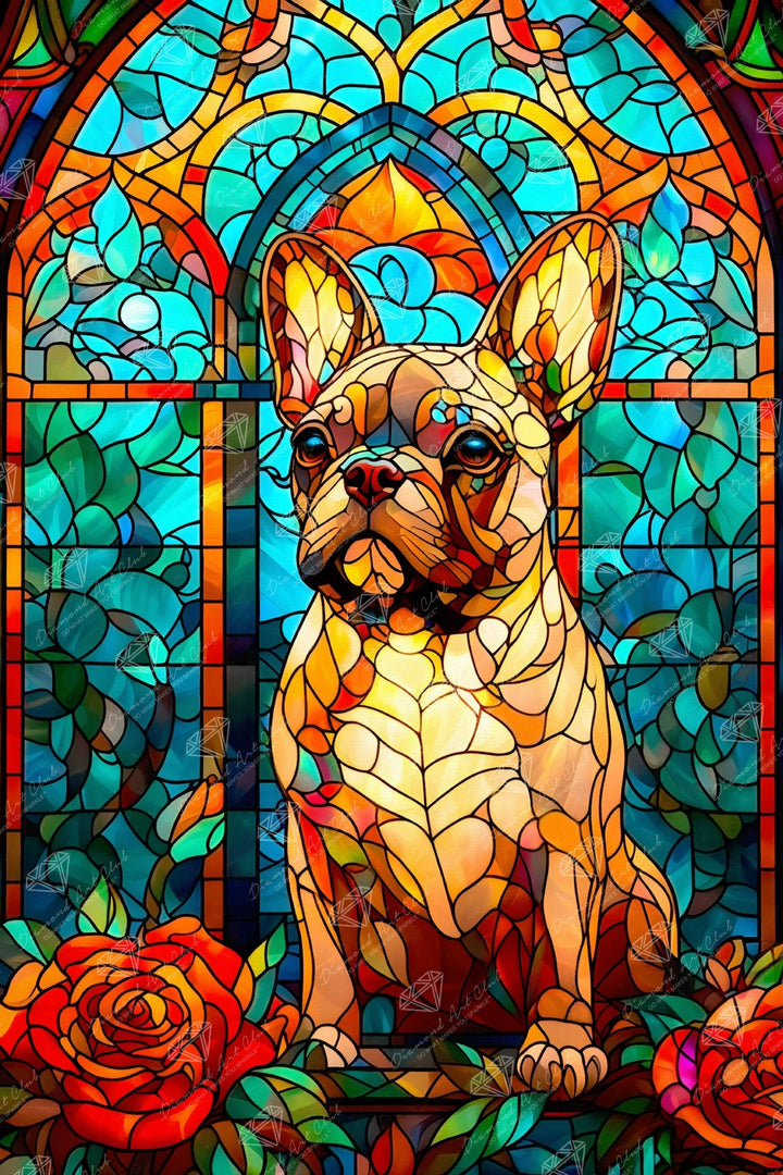 Diamond Art Club - French Bulldog Stained Glass: Square with 93 Colors including 3 ABs and 2 Iridescent Diamonds and 3 Fairy Dust Diamonds / 75,264 / 22" x 33" (55.8cm x 83.6cm) - Pisgah Needleworks
