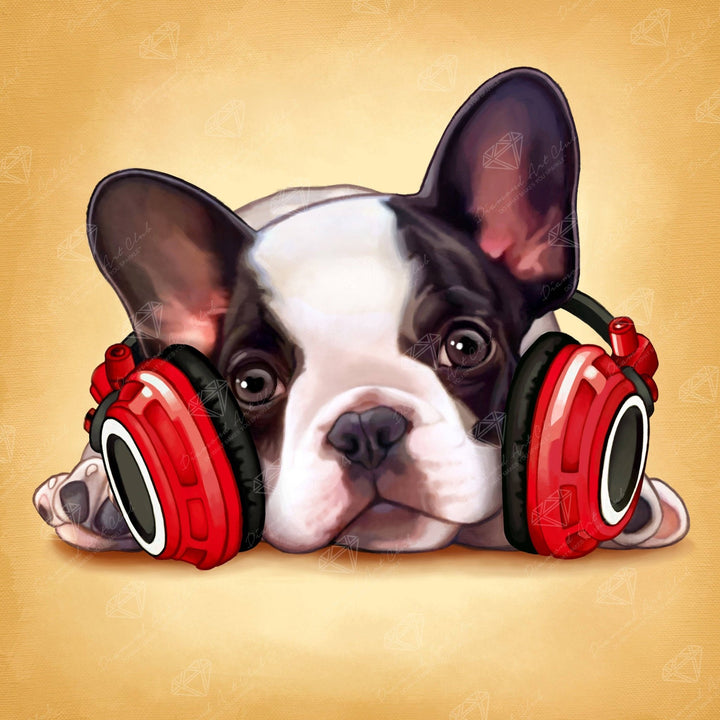 Diamond Art Club - Headphone Frenchie: Round with 35 Colors including 1 AB and 2 Fairy Dust Diamonds / 14,400 / 13" x 13" (33cm x 33cm) - Pisgah Needleworks