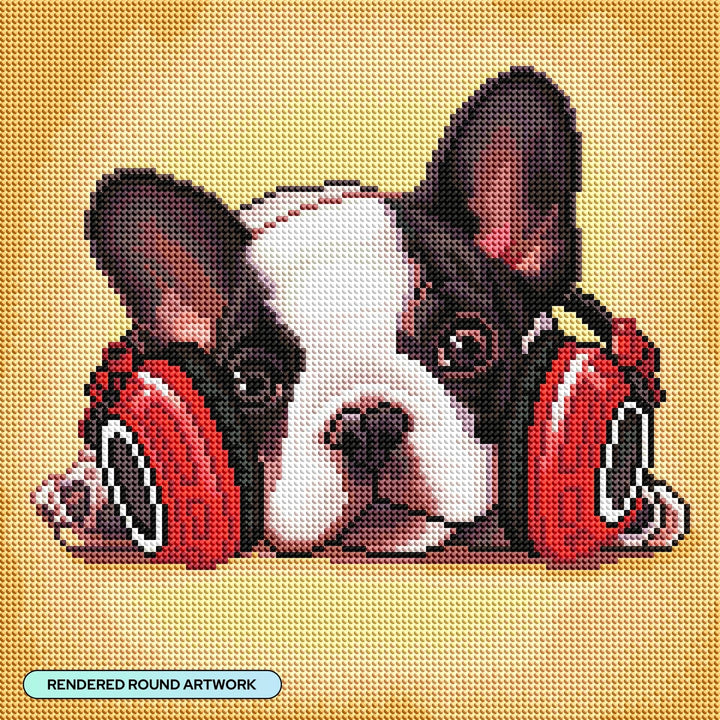 Diamond Art Club - Headphone Frenchie: Round with 35 Colors including 1 AB and 2 Fairy Dust Diamonds / 14,400 / 13" x 13" (33cm x 33cm) - Pisgah Needleworks