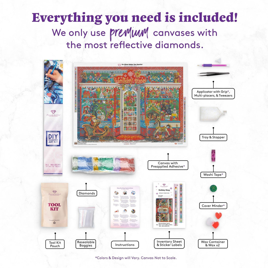 Diamond Art Club - Holiday Shop: Square with 64 Colors including 3 ABs and 3 Fairy Dust Diamonds / 110,433 / 38.6" x 27.6" (98cm x 70cm) - Pisgah Needleworks
