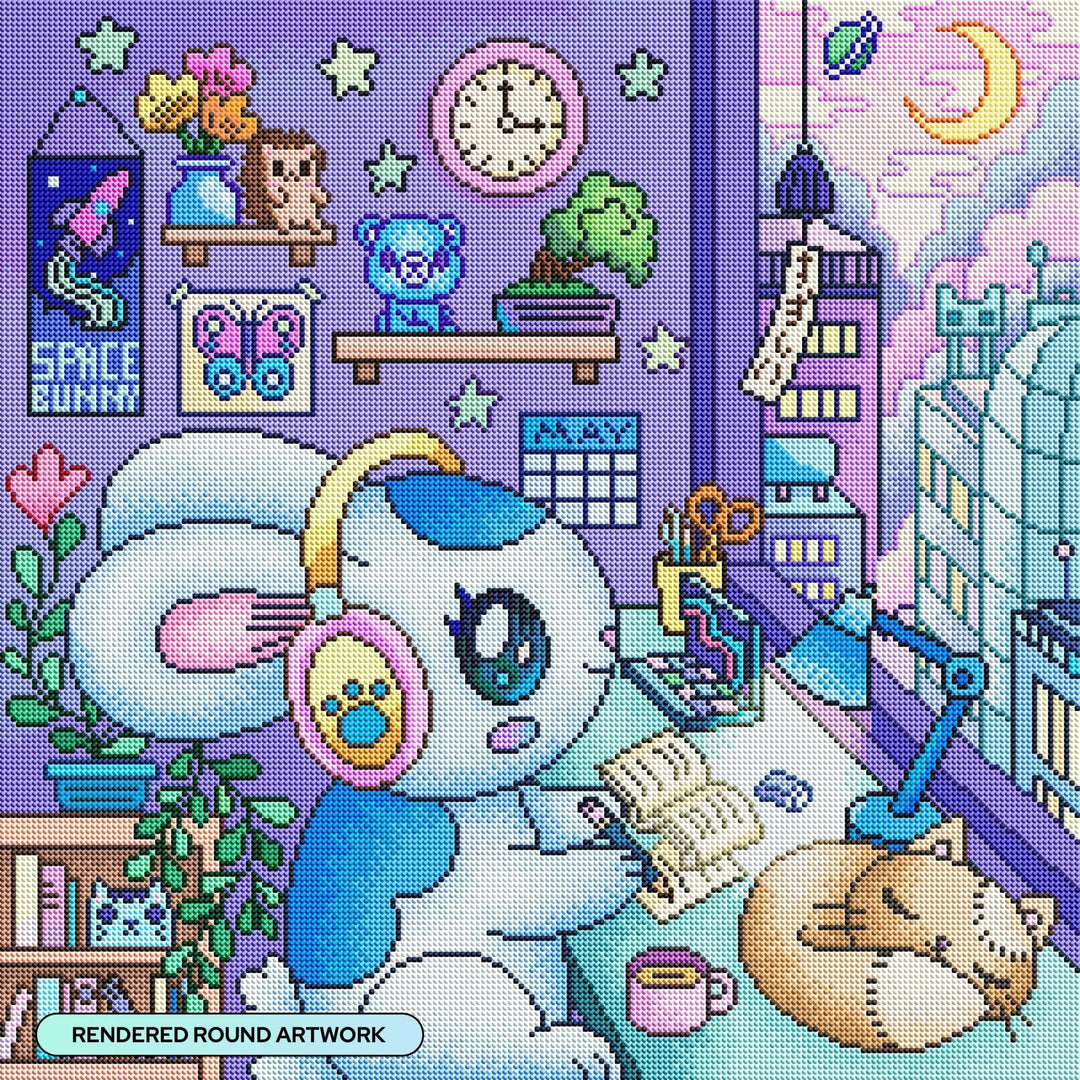 Diamond Art Club - Home Bunny: Round with 78 Colors including 2 ABs and 1 Frosted Diamond and 3 Fairy Dust Diamonds / 40,804 / 22" x 22" (55.6cm x 55.6cm) - Pisgah Needleworks