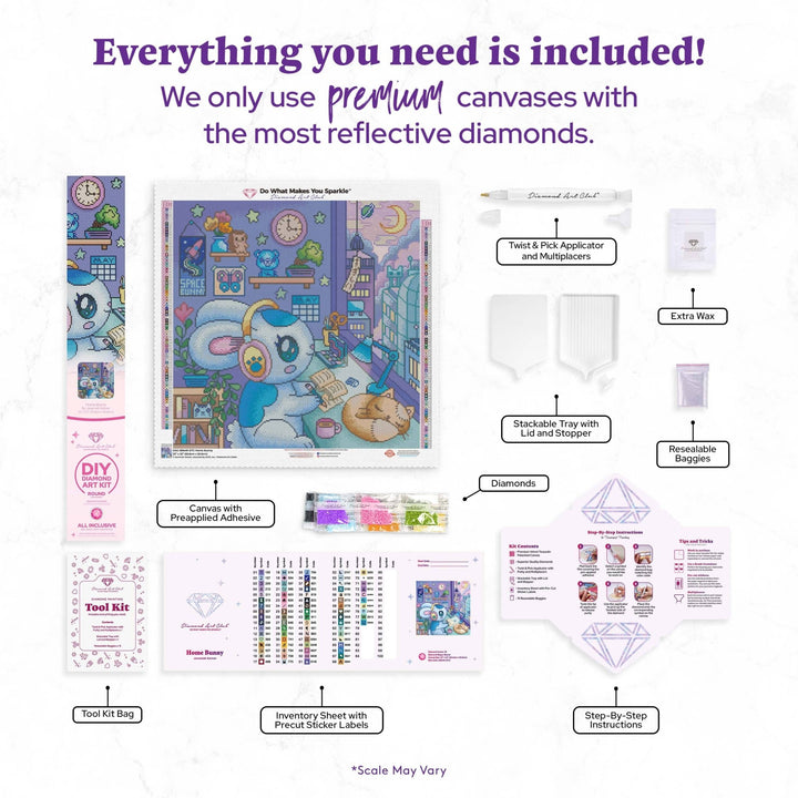 Diamond Art Club - Home Bunny: Round with 78 Colors including 2 ABs and 1 Frosted Diamond and 3 Fairy Dust Diamonds / 40,804 / 22" x 22" (55.6cm x 55.6cm) - Pisgah Needleworks
