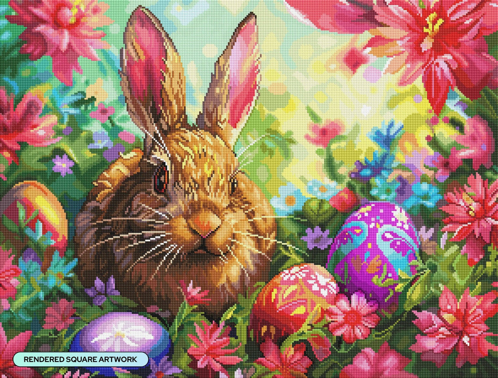 Diamond Art Club - Hoppy Spring Bunny: Square with 95 Colors including 3 ABs and 4 Fairy Dust Diamonds / 66,080 / 29" x 22" (73.4cm x 55.8cm) - Pisgah Needleworks
