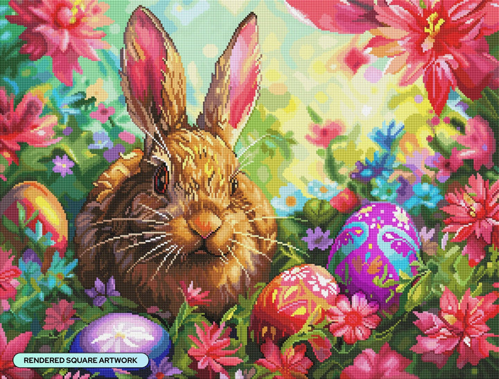 Diamond Art Club - Hoppy Spring Bunny: Square with 95 Colors including 3 ABs and 4 Fairy Dust Diamonds / 66,080 / 29" x 22" (73.4cm x 55.8cm) - Pisgah Needleworks