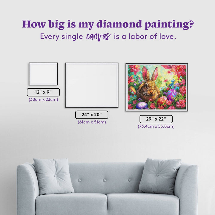 Diamond Art Club - Hoppy Spring Bunny: Square with 95 Colors including 3 ABs and 4 Fairy Dust Diamonds / 66,080 / 29" x 22" (73.4cm x 55.8cm) - Pisgah Needleworks