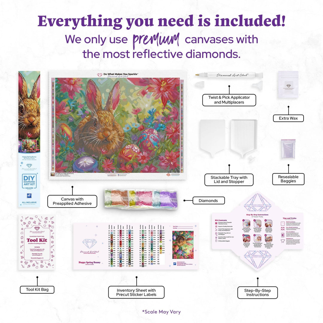 Diamond Art Club - Hoppy Spring Bunny: Square with 95 Colors including 3 ABs and 4 Fairy Dust Diamonds / 66,080 / 29" x 22" (73.4cm x 55.8cm) - Pisgah Needleworks