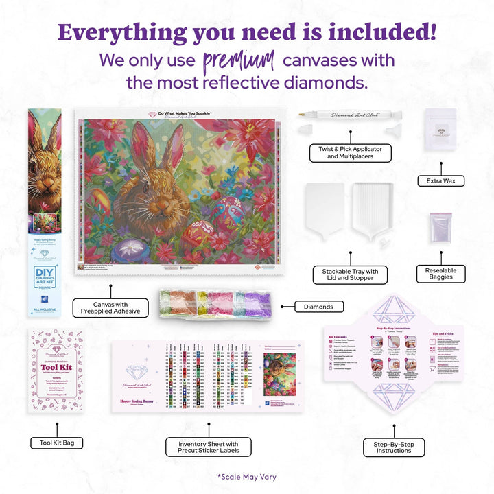 Diamond Art Club - Hoppy Spring Bunny: Square with 95 Colors including 3 ABs and 4 Fairy Dust Diamonds / 66,080 / 29" x 22" (73.4cm x 55.8cm) - Pisgah Needleworks