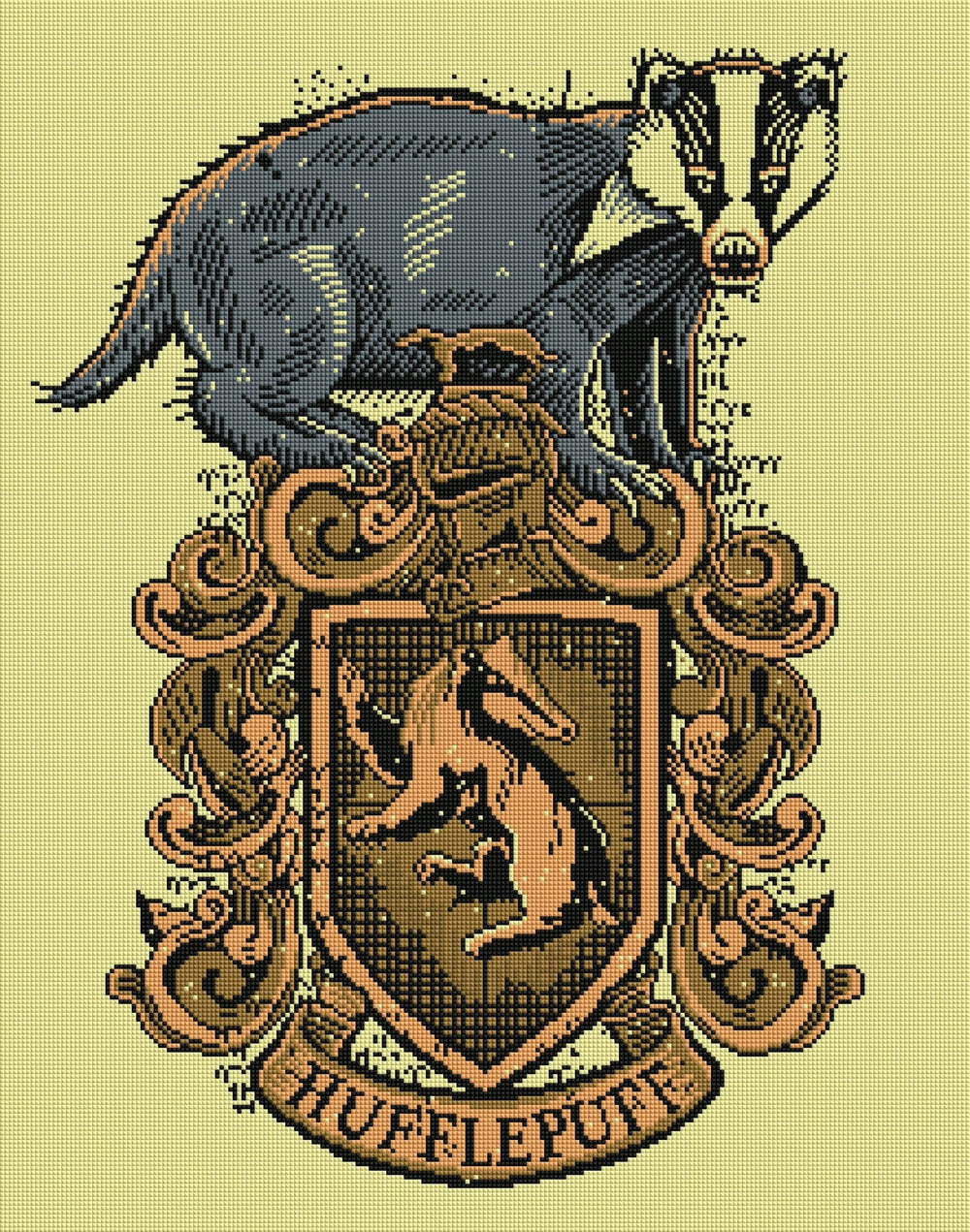 Diamond Art Club - Hufflepuff™ Crest - Tomes & Scrolls: Square With 7 Colors Including 1 AB / 62,101 / 22" x 28″ (56cm x 71cm) - Pisgah Needleworks