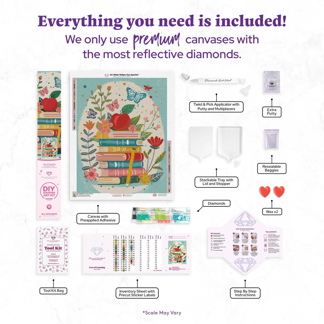 Diamond Art Club - Love of Learning: Round with 48 Colors including 2 ABs and 4 Fairy Dust Diamonds / 51,914 / 22" x 28" (55.6cm x 70.7cm) - Pisgah Needleworks