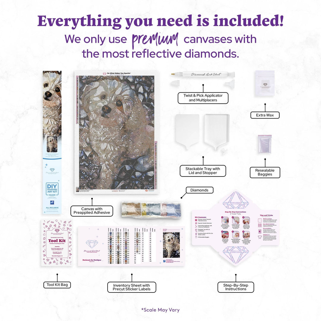 Diamond Art Club - Mackensie the Morkipoo: Square with 63 Colors including 3 ABs and 2 Fairy Dust Diamonds / 102,573 / 25.6" x 38.6" (65cm x 97.8cm) - Pisgah Needleworks