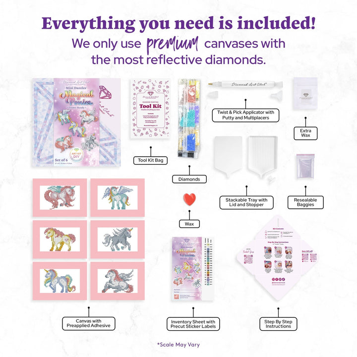 Diamond Art Club - Mini Dazzles™ - Magical Ponies: Square With 18 Colors Including 2 ABs and 16 Fairy Dust Diamonds / 4,079 / 4" x 6" (10.2cm x 15.2cm) - Pisgah Needleworks