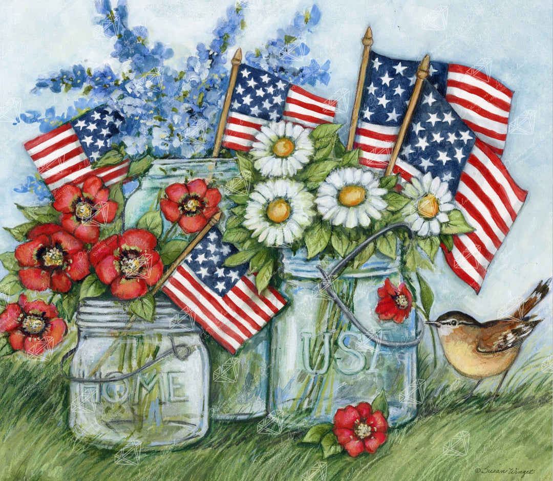 Diamond Art Club - Patriotic Jars with Flowers and Flags: Round with 63 Colors including 1 AB and 4 Fairy Dust Diamonds / 46,864 / 25" x 22" (63.8cm x 55.6cm) - Pisgah Needleworks