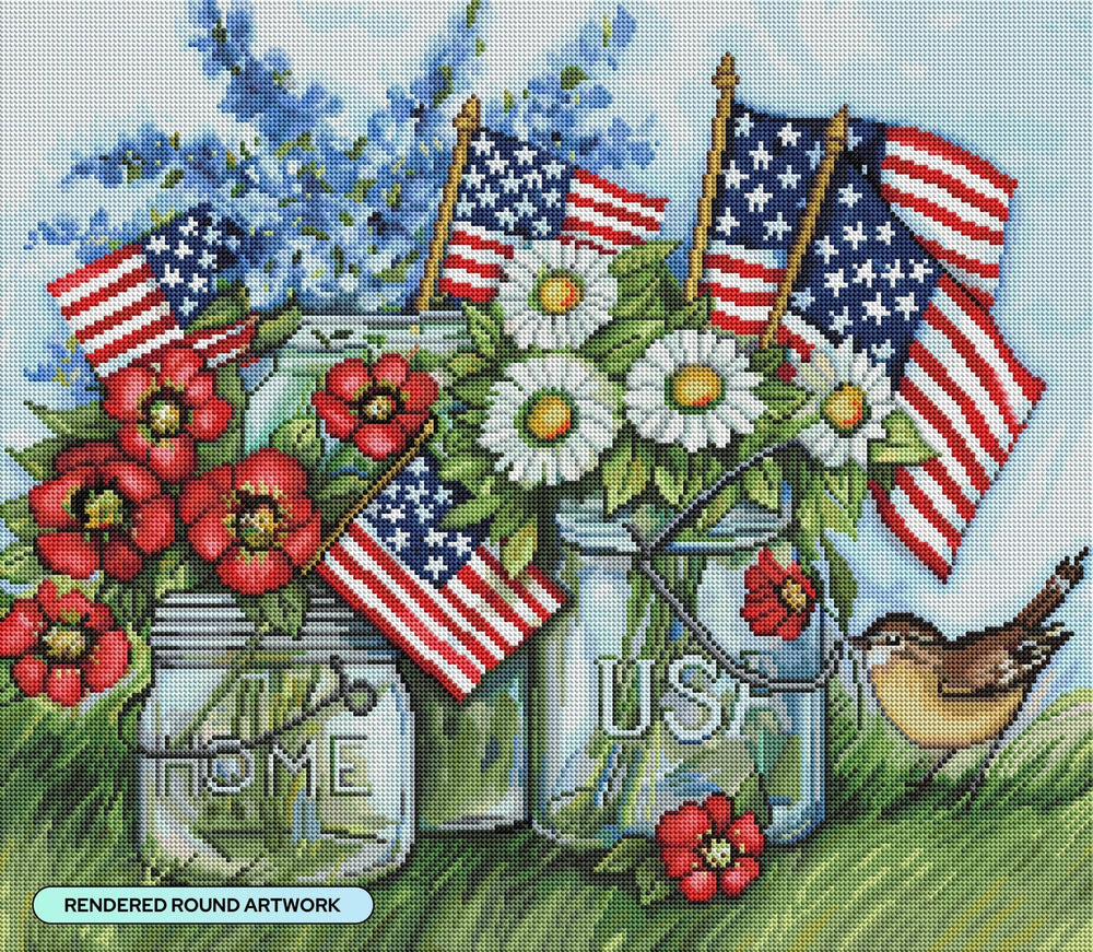 Diamond Art Club - Patriotic Jars with Flowers and Flags: Round with 63 Colors including 1 AB and 4 Fairy Dust Diamonds / 46,864 / 25" x 22" (63.8cm x 55.6cm) - Pisgah Needleworks