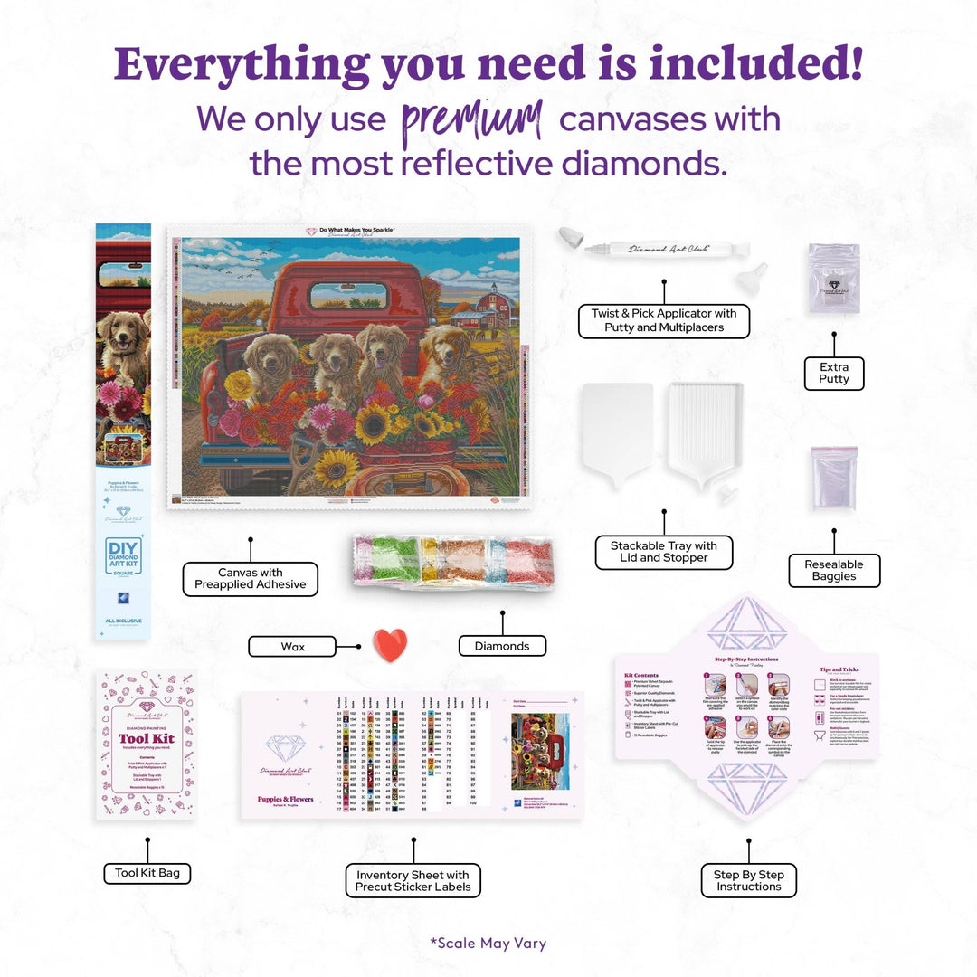 Diamond Art Club – Puppies and Flowers Diamond Painting (Square Drill, 36.2" x 27.6") - Pisgah Needleworks