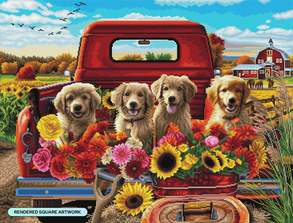 Diamond Art Club – Puppies and Flowers Diamond Painting (Square Drill, 36.2" x 27.6") - Pisgah Needleworks