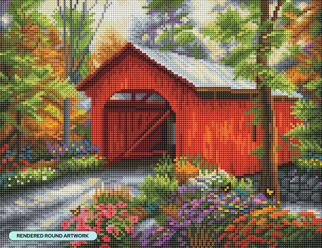 Diamond Art Club – Red Covered Bridge Diamond Painting (Round Drill, 17" x 13") - Pisgah Needleworks
