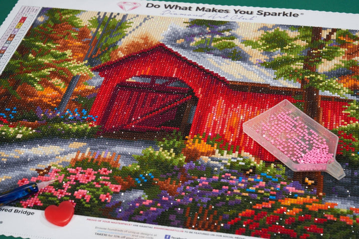 Diamond Art Club – Red Covered Bridge Diamond Painting (Round Drill, 17" x 13") - Pisgah Needleworks