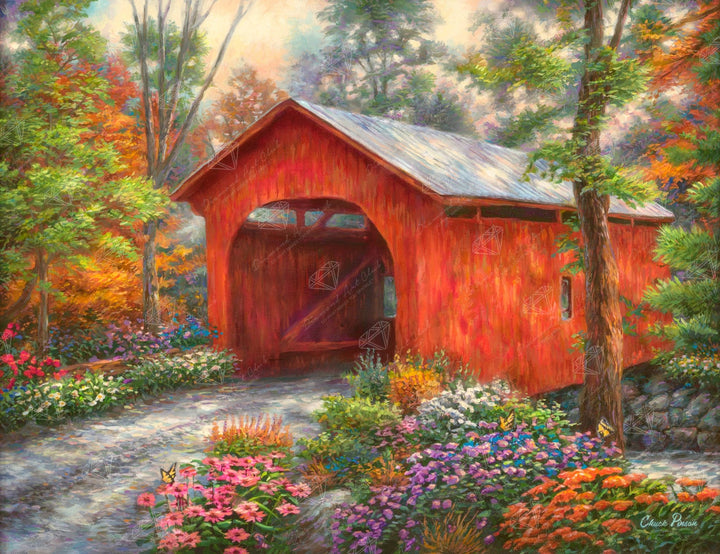 Diamond Art Club – Red Covered Bridge Diamond Painting (Round Drill, 17" x 13") - Pisgah Needleworks