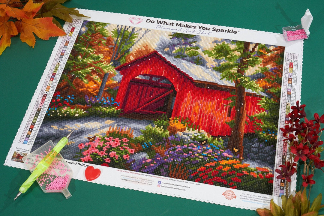 Diamond Art Club – Red Covered Bridge Diamond Painting (Round Drill, 17" x 13") - Pisgah Needleworks