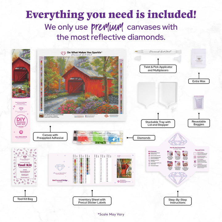 Diamond Art Club – Red Covered Bridge Diamond Painting (Round Drill, 17" x 13") - Pisgah Needleworks