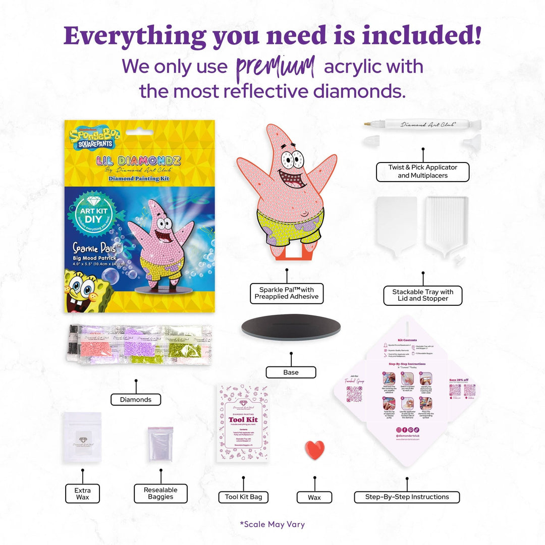 Diamond Art Club - Sparkle Pals™ - Big Mood Patrick: Round with 6 Colors Including 2 ABs and 1 Fairy Dust Diamond / 565 / 4.0" x 5.5" (10.4cm x 14.1cm) - Pisgah Needleworks