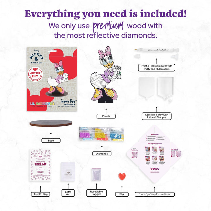 Diamond Art Club - Sparkle Pals™ - Daisy Duck™: Round with 8 Colors including 2 ABs / 493 / 5.6" x 3.1" (14.3cm x 7.8 cm) - Pisgah Needleworks