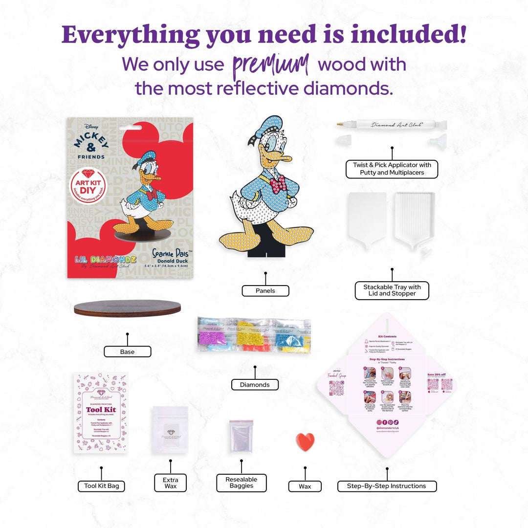 Diamond Art Club - Sparkle Pals™ - Donald Duck™: Round with 8 Colors including 1 AB and 1 Fairy Dust Diamond / 474 / 5.6" x 3.8" (14.3cm x 9.6cm) - Pisgah Needleworks