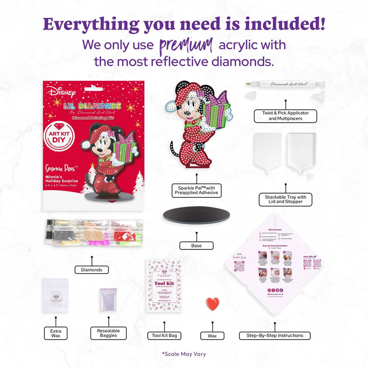 Diamond Art Club - Sparkle Pals™ - Minnie’s Holiday Surprise: Round with 10 Colors including 2 ABs and 4 Fairy Dust Diamonds / 545 / 5.5" x 4.3" (14cm x 11cm) - Pisgah Needleworks