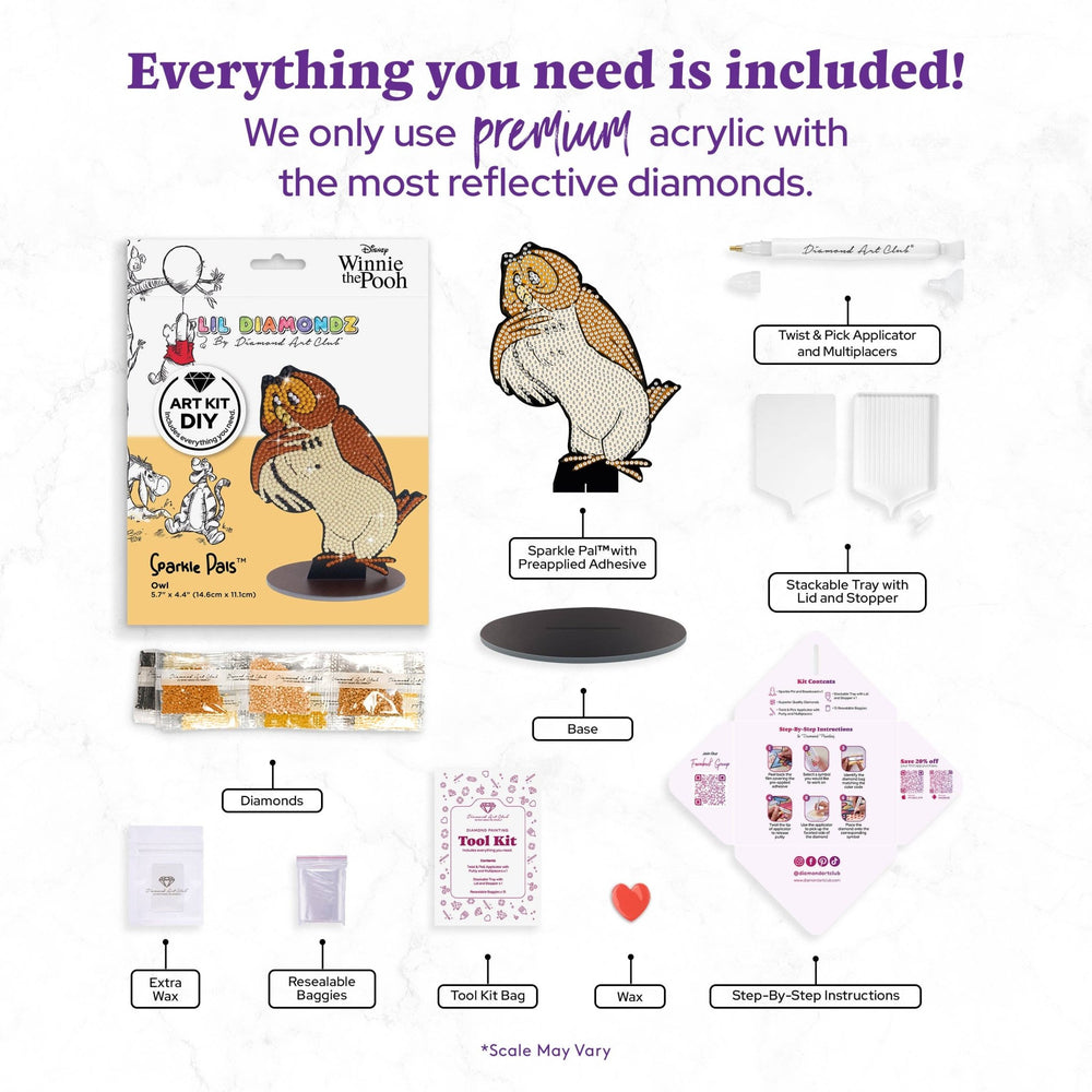 Diamond Art Club - Sparkle Pals™ - Owl: Round with 6 Colors including 2 Fairy Dust Diamonds / 936 / 5.7" x 4.4" (14.5cm x 11.3cm) - Pisgah Needleworks