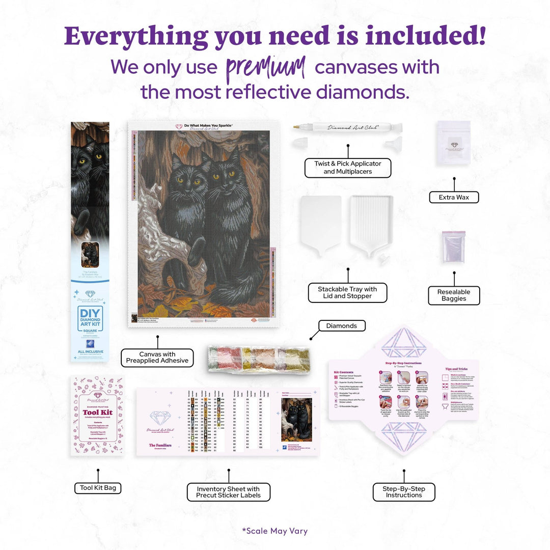 Diamond Art Club - The Familiars: Square with 44 Colors including 2 ABs and 3 Fairy Dust Diamonds / 70,784 / 22" x 31" (55.8cm x 78.7cm) - Pisgah Needleworks