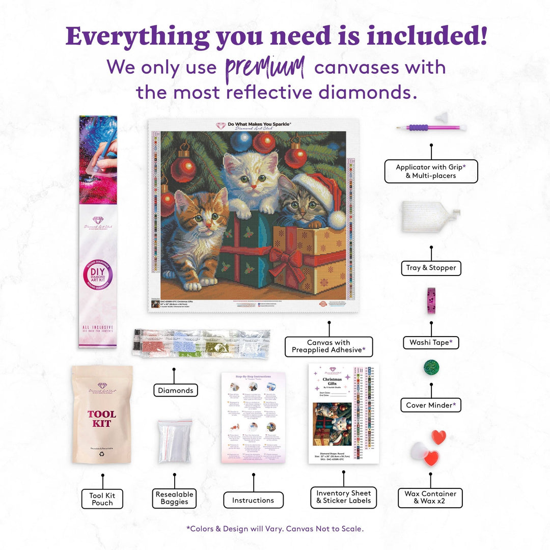 Diamond Art Club – Three Kittens in a Christmas Box (Round Drill, 22" x 20") - Pisgah Needleworks