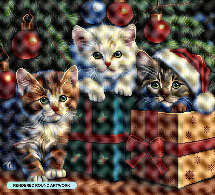 Diamond Art Club – Three Kittens in a Christmas Box (Round Drill, 22" x 20") - Pisgah Needleworks