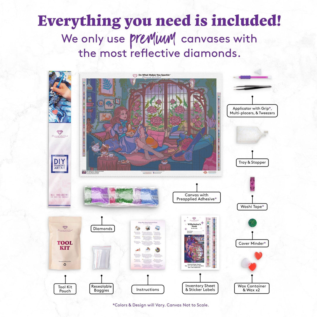 Diamond Art Club - Wilhelmina's Nook: Square with 72 Colors including 3 ABs and 3 Fairy Dust Diamonds / 70,784 / 31" x 22" (78.7cm x 55.8cm) - Pisgah Needleworks