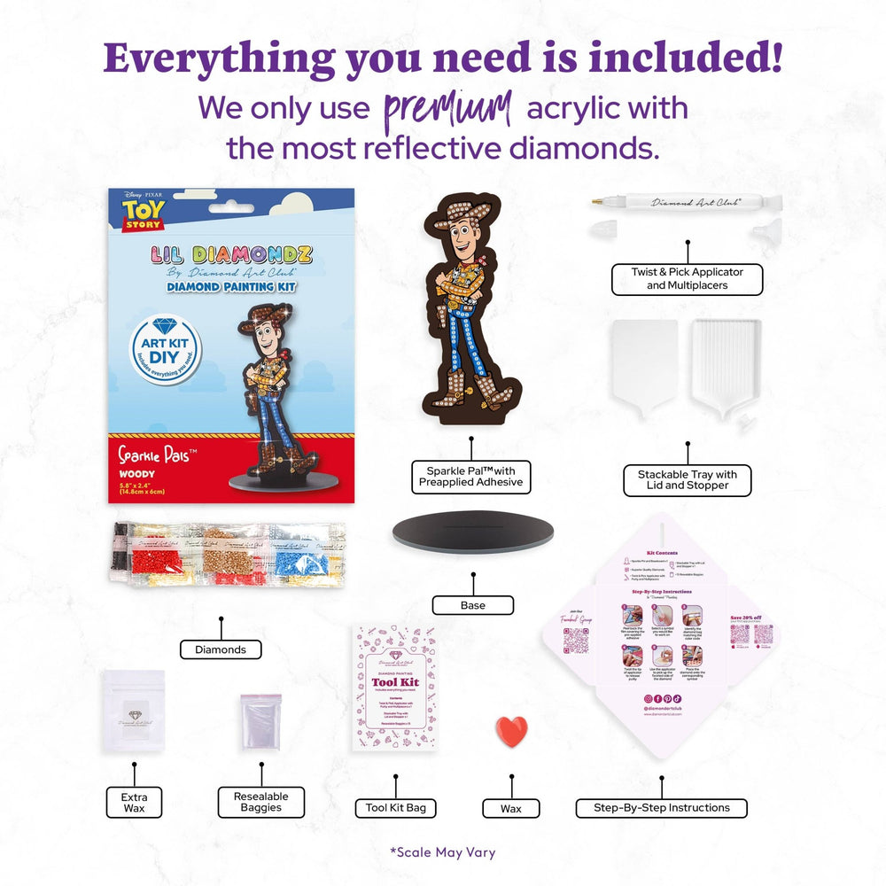 Diamond Art Club - Woody - Sparkle Pals™: Round with 7 Colors including 1 Electro Diamond and 3 Fairy Dust Diamonds / 138 / 5.8" x 2.4" (14.8cm x 6cm) - Pisgah Needleworks